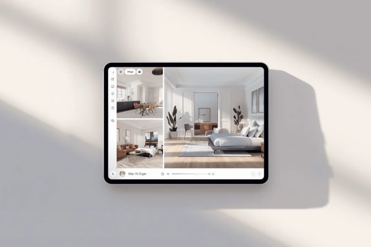 A 3D virtual property tour open on a tablet screen